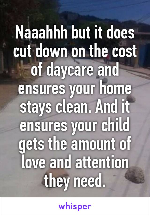 Naaahhh but it does cut down on the cost of daycare and ensures your home stays clean. And it ensures your child gets the amount of love and attention they need.