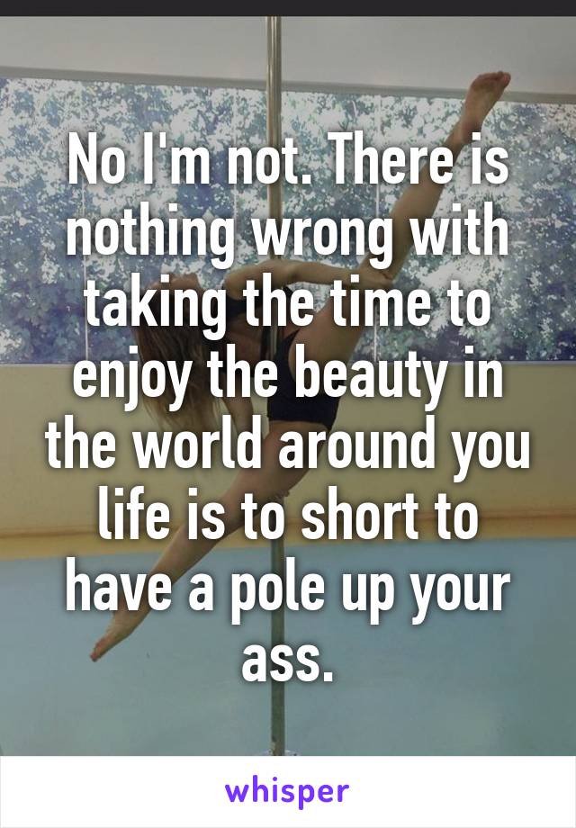 No I'm not. There is nothing wrong with taking the time to enjoy the beauty in the world around you life is to short to have a pole up your ass.