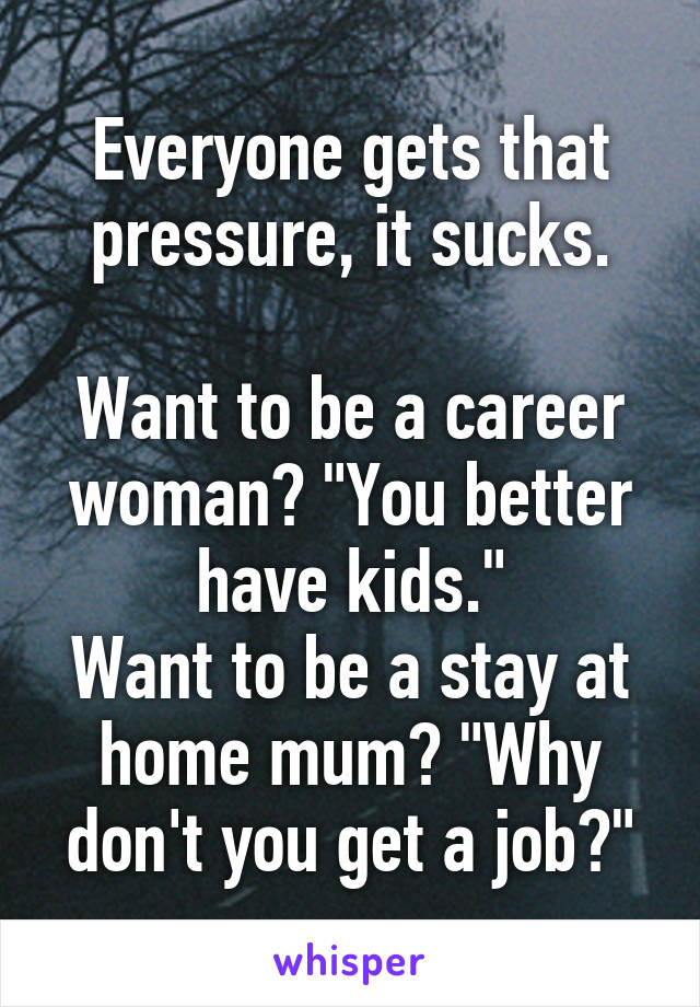 Everyone gets that pressure, it sucks.

Want to be a career woman? "You better have kids."
Want to be a stay at home mum? "Why don't you get a job?"