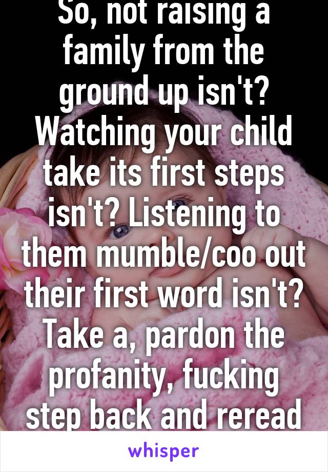 So, not raising a family from the ground up isn't? Watching your child take its first steps isn't? Listening to them mumble/coo out their first word isn't? Take a, pardon the profanity, fucking step back and reread the shit you typed.