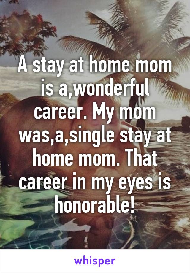 A stay at home mom is a,wonderful career. My mom was,a,single stay at home mom. That career in my eyes is honorable!