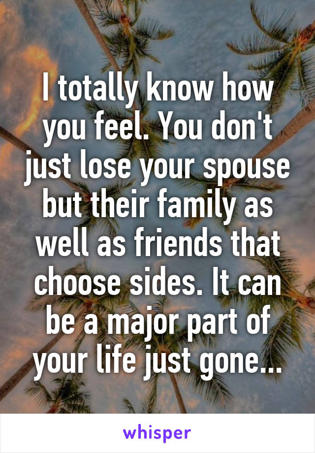 I totally know how you feel. You don't just lose your spouse but their family as well as friends that choose sides. It can be a major part of your life just gone...