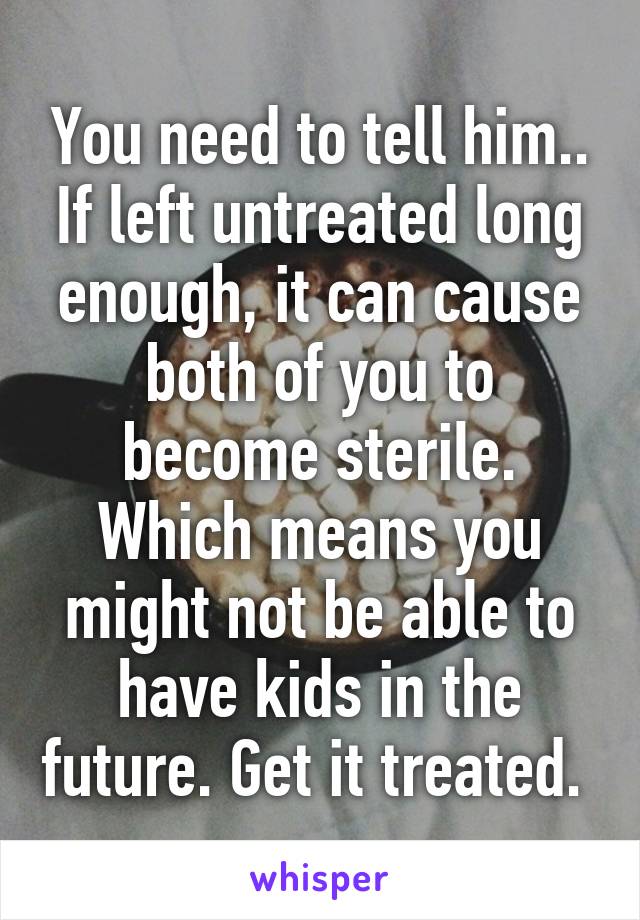 You need to tell him.. If left untreated long enough, it can cause both of you to become sterile. Which means you might not be able to have kids in the future. Get it treated. 