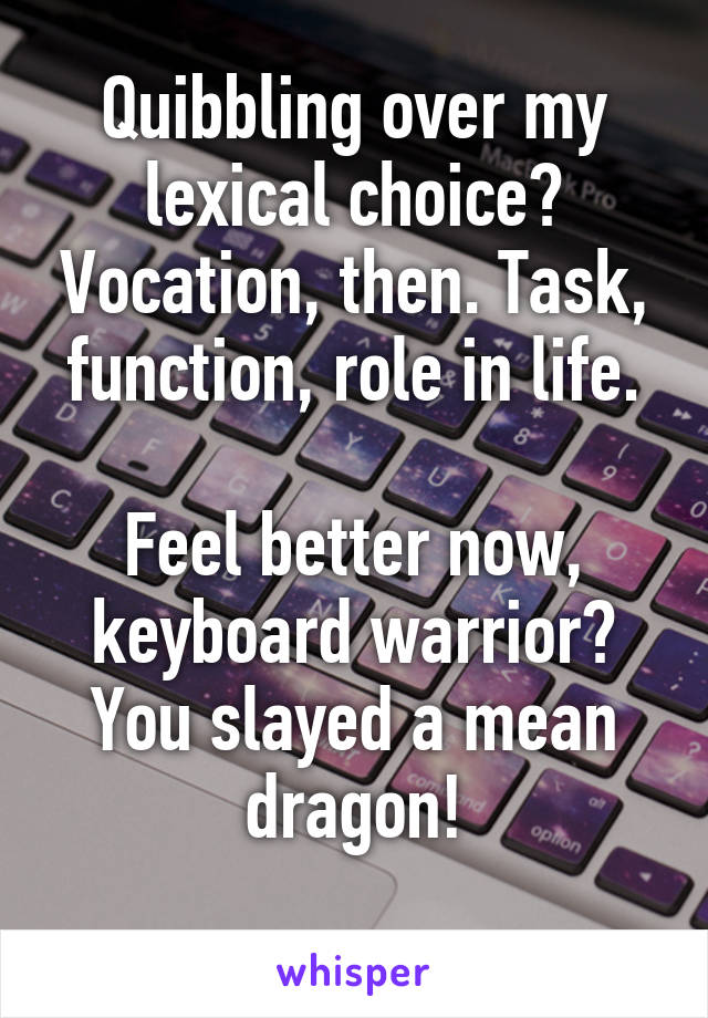 Quibbling over my lexical choice? Vocation, then. Task, function, role in life.

Feel better now, keyboard warrior? You slayed a mean dragon!
