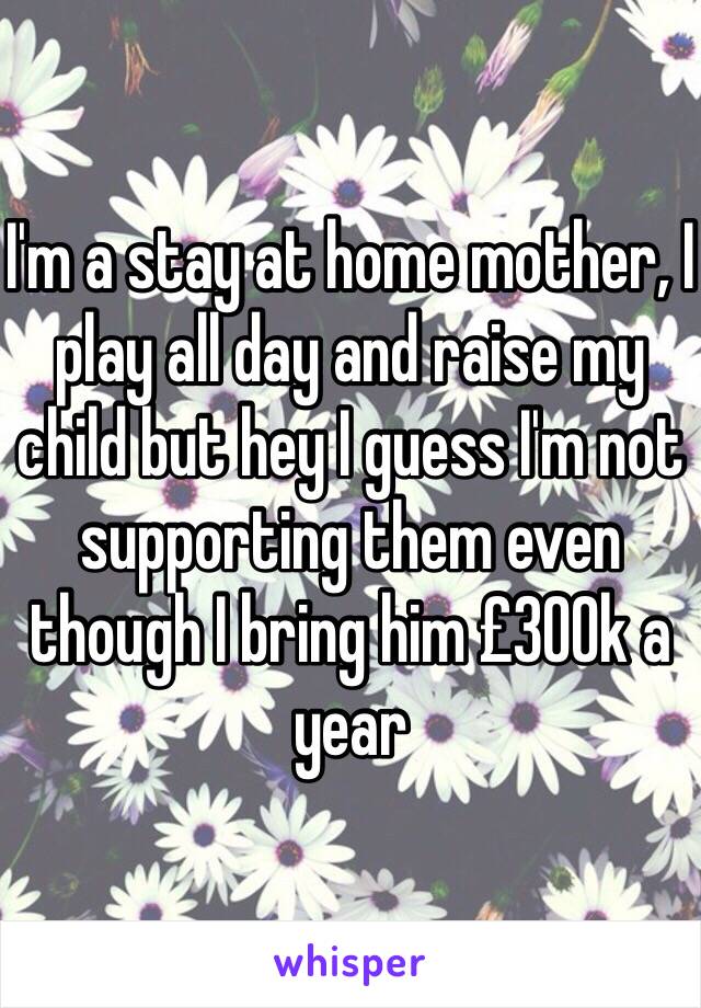 I'm a stay at home mother, I play all day and raise my child but hey I guess I'm not supporting them even though I bring him £300k a year