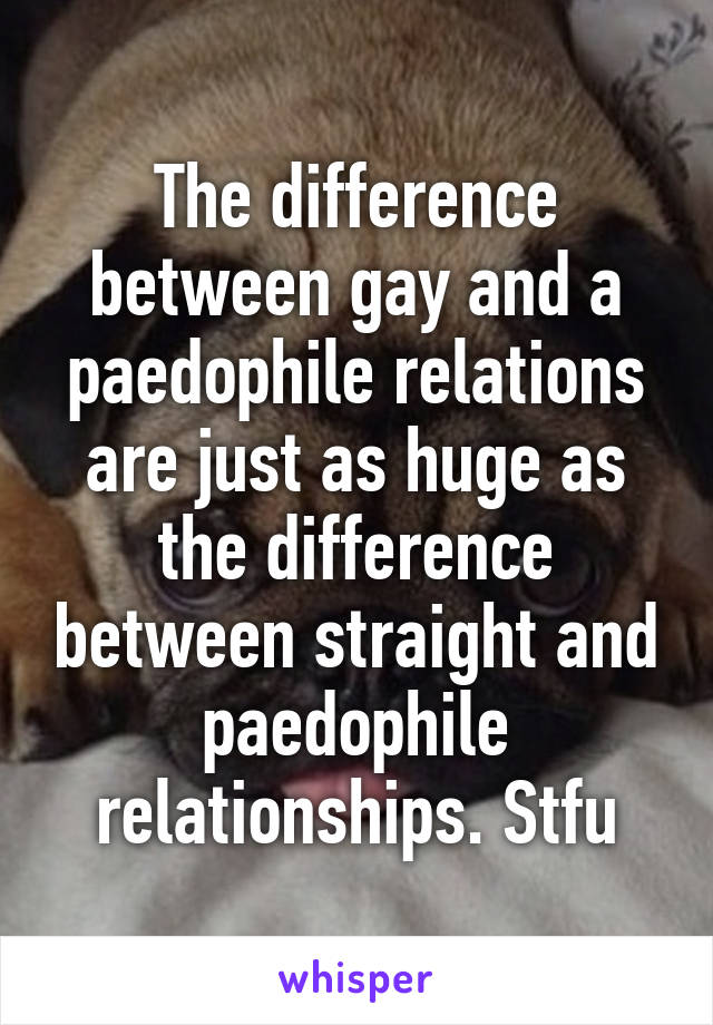 The difference between gay and a paedophile relations are just as huge as the difference between straight and paedophile relationships. Stfu