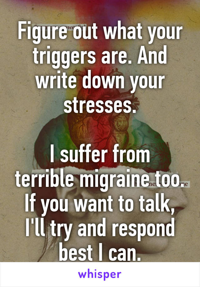Figure out what your triggers are. And write down your stresses.

I suffer from terrible migraine too. If you want to talk, I'll try and respond best I can.