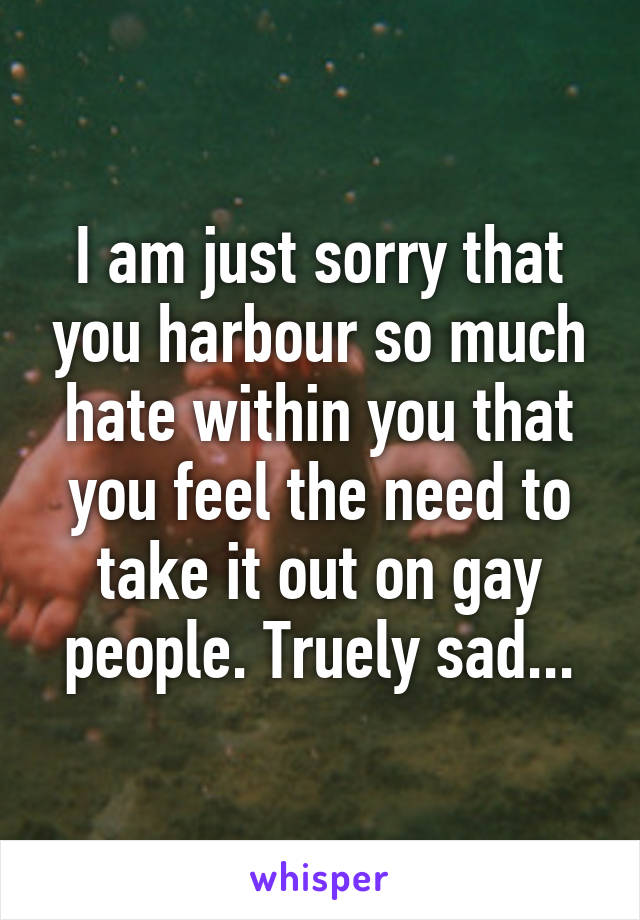 I am just sorry that you harbour so much hate within you that you feel the need to take it out on gay people. Truely sad...