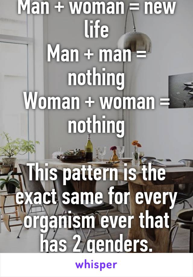 Man + woman = new life
Man + man = nothing
Woman + woman = nothing

This pattern is the exact same for every organism ever that has 2 genders.
