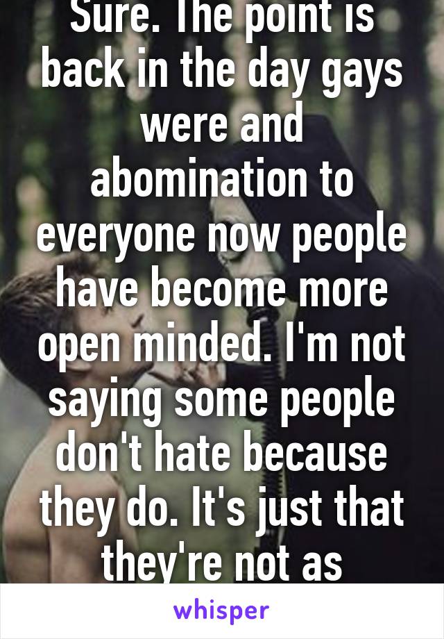 Sure. The point is back in the day gays were and abomination to everyone now people have become more open minded. I'm not saying some people don't hate because they do. It's just that they're not as obvious about it. 