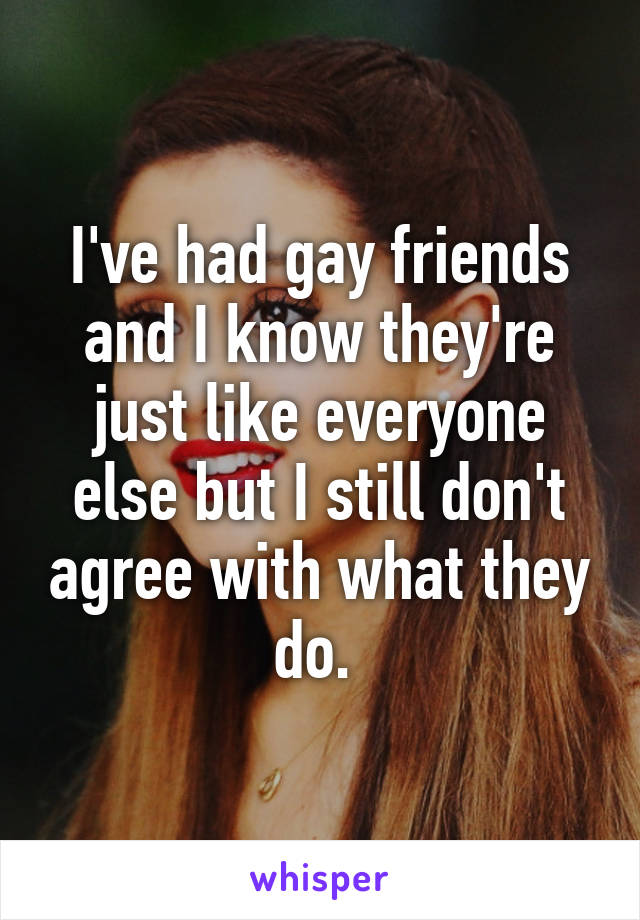 I've had gay friends and I know they're just like everyone else but I still don't agree with what they do. 