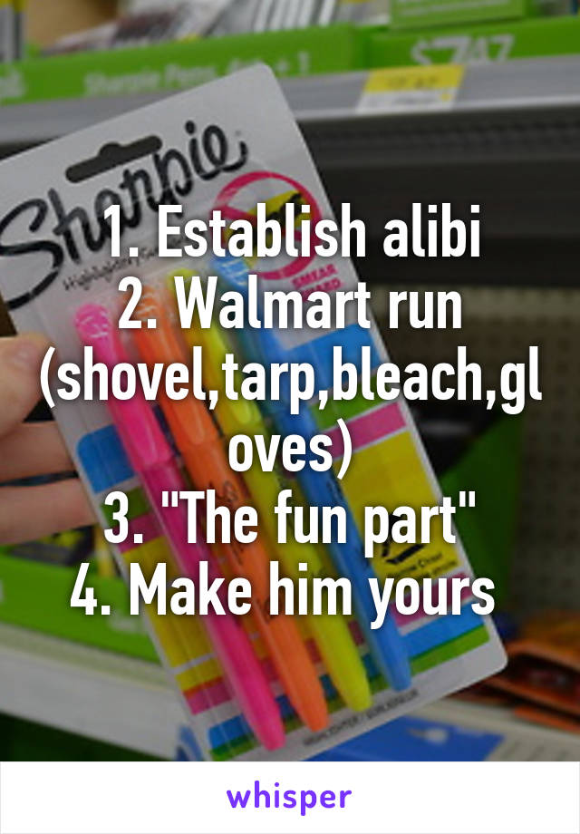 1. Establish alibi
2. Walmart run (shovel,tarp,bleach,gloves)
3. "The fun part"
4. Make him yours 