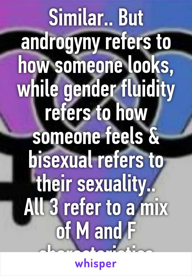 Similar.. But androgyny refers to how someone looks, while gender fluidity refers to how someone feels & bisexual refers to their sexuality..
All 3 refer to a mix of M and F characteristics