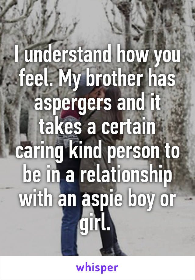 I understand how you feel. My brother has aspergers and it takes a certain caring kind person to be in a relationship with an aspie boy or girl. 