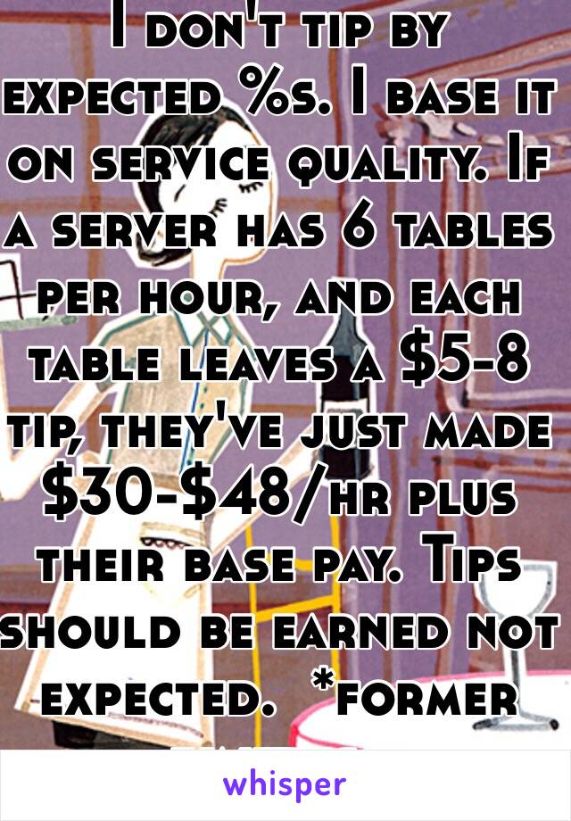 I don't tip by expected %s. I base it on service quality. If a server has 6 tables per hour, and each table leaves a $5-8 tip, they've just made $30-$48/hr plus their base pay. Tips should be earned not expected.  *former waitress 