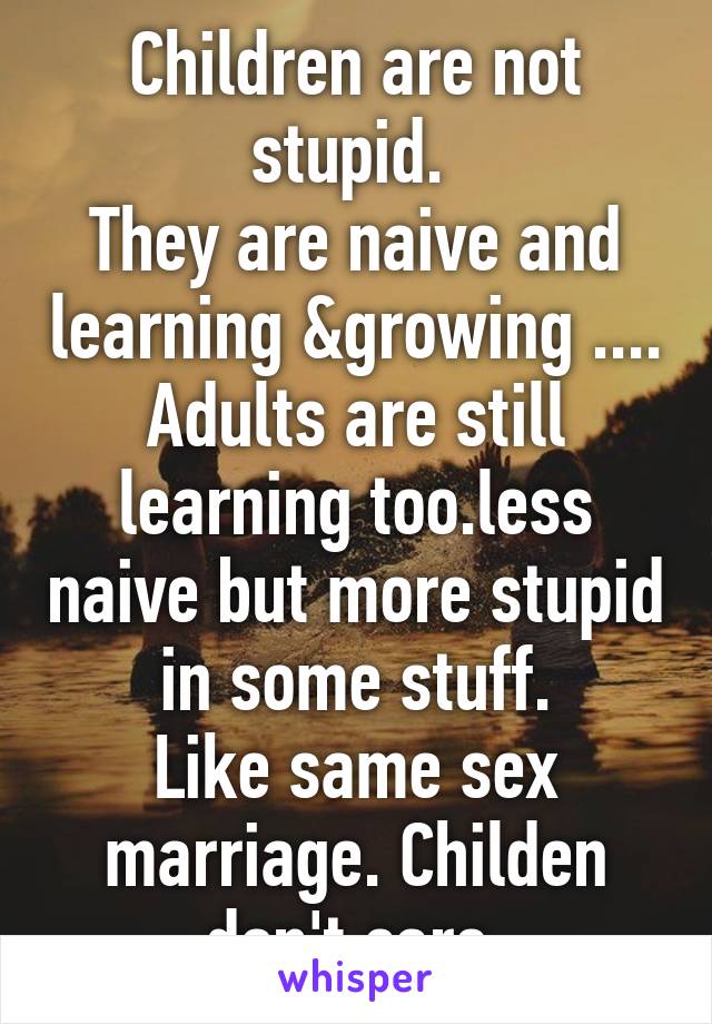 Children are not stupid. 
They are naive and learning &growing ....
Adults are still learning too.less naive but more stupid in some stuff.
Like same sex marriage. Childen don't care.