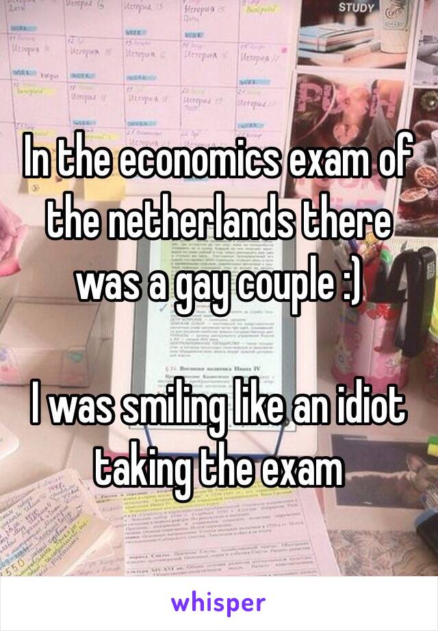 In the economics exam of the netherlands there was a gay couple :) 

I was smiling like an idiot taking the exam 