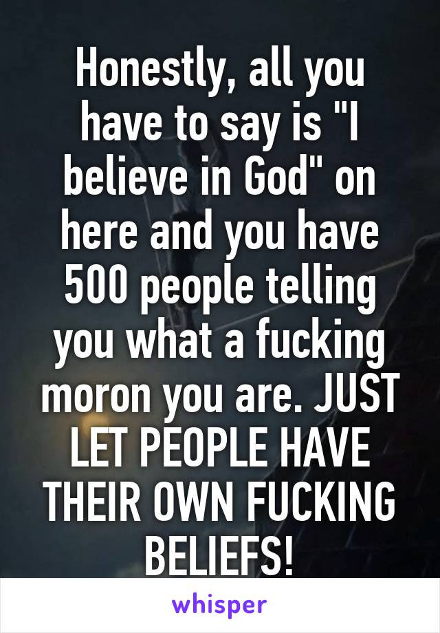 Honestly, all you have to say is "I believe in God" on here and you have 500 people telling you what a fucking moron you are. JUST LET PEOPLE HAVE THEIR OWN FUCKING BELIEFS!