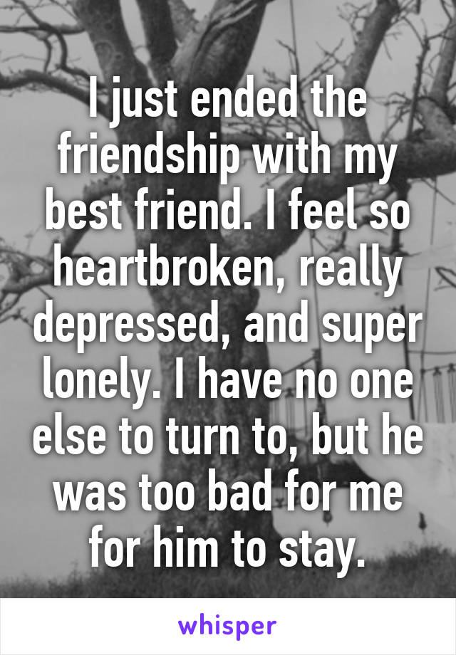 I just ended the friendship with my best friend. I feel so heartbroken, really depressed, and super lonely. I have no one else to turn to, but he was too bad for me for him to stay.