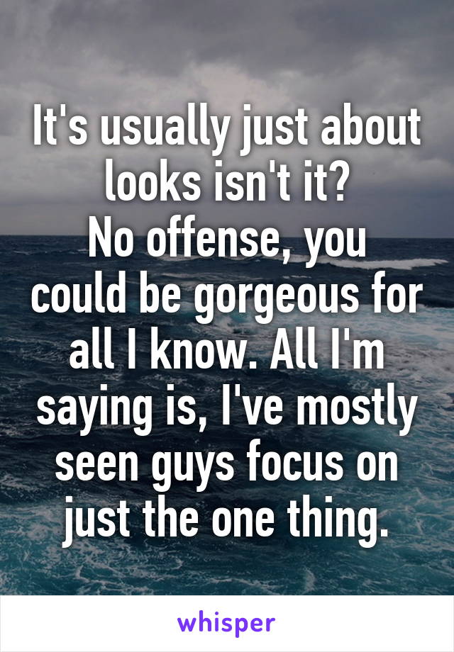 It's usually just about looks isn't it?
No offense, you could be gorgeous for all I know. All I'm saying is, I've mostly seen guys focus on just the one thing.