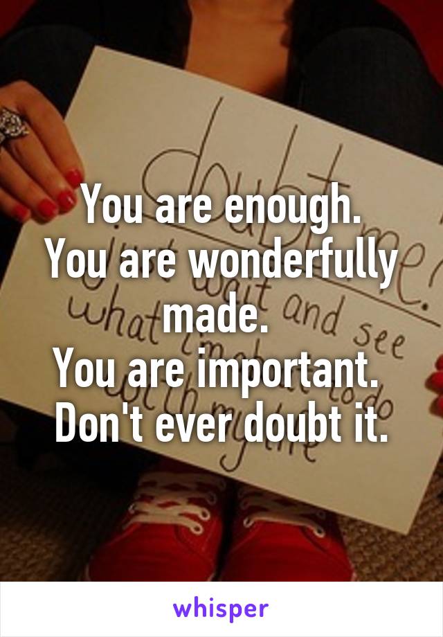 You are enough.
You are wonderfully made. 
You are important. 
Don't ever doubt it.