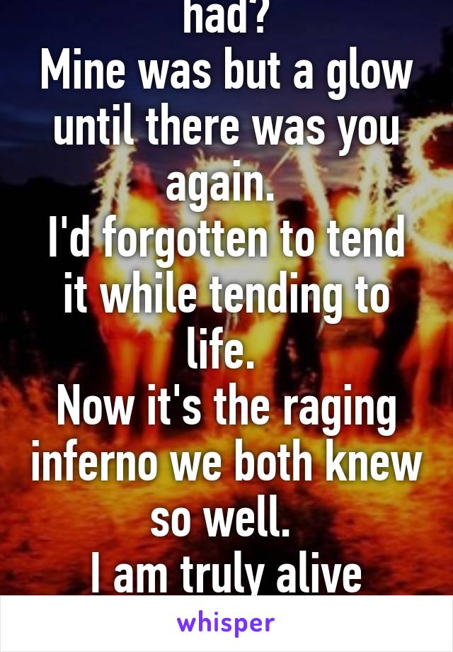 That fire we always had?
Mine was but a glow until there was you again. 
I'd forgotten to tend it while tending to life. 
Now it's the raging inferno we both knew so well. 
I am truly alive again. 
So grateful for you. 