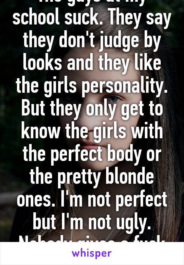 The guys at my school suck. They say they don't judge by looks and they like the girls personality. But they only get to know the girls with the perfect body or the pretty blonde ones. I'm not perfect but I'm not ugly. Nobody gives a fuck about m