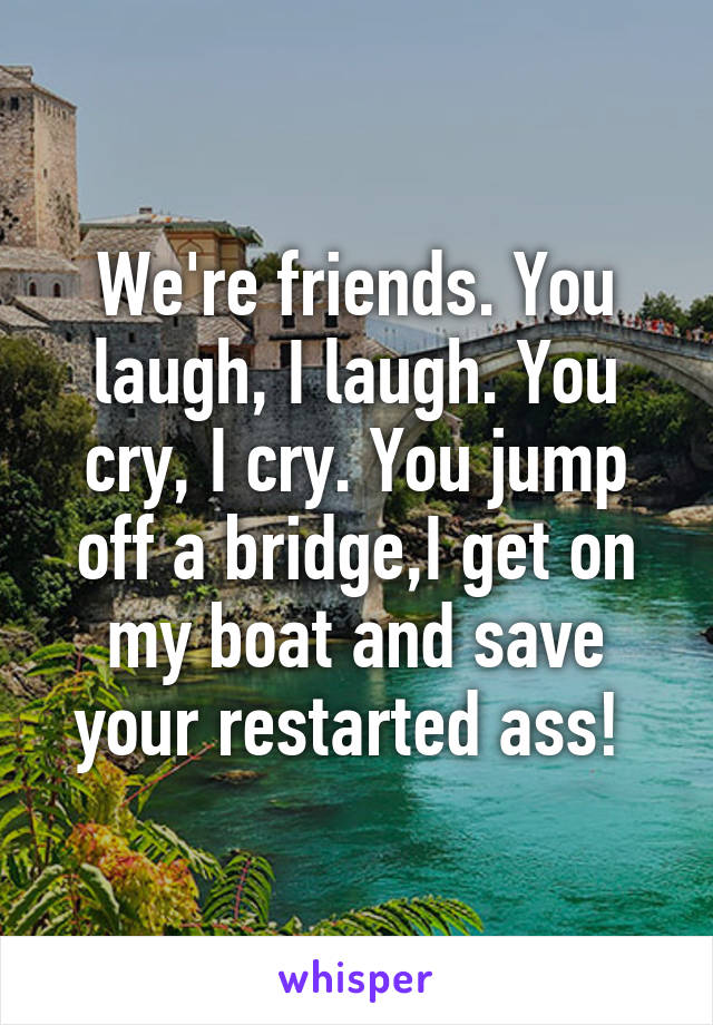 We're friends. You laugh, I laugh. You cry, I cry. You jump off a bridge,I get on my boat and save your restarted ass! 