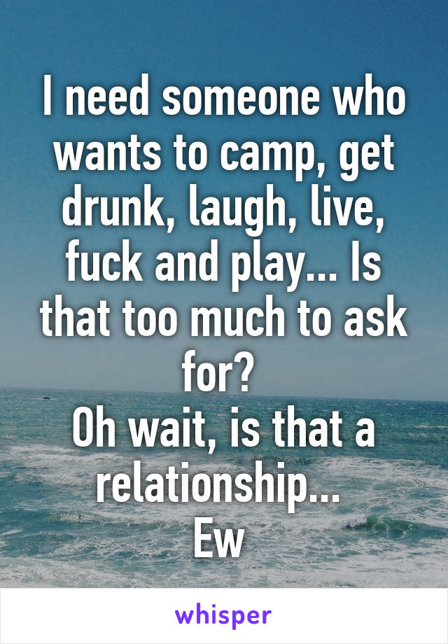 I need someone who wants to camp, get drunk, laugh, live, fuck and play... Is that too much to ask for? 
Oh wait, is that a relationship... 
Ew 