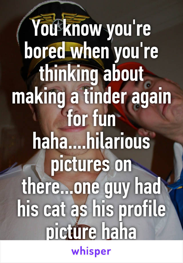 You know you're bored when you're thinking about making a tinder again for fun haha....hilarious pictures on there...one guy had his cat as his profile picture haha