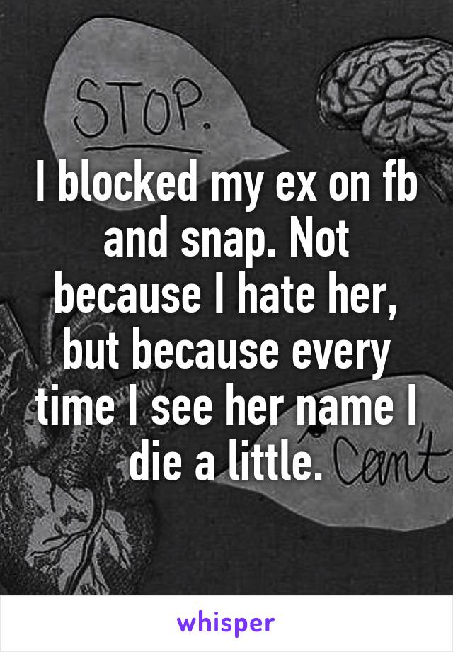 I blocked my ex on fb and snap. Not because I hate her, but because every time I see her name I die a little.