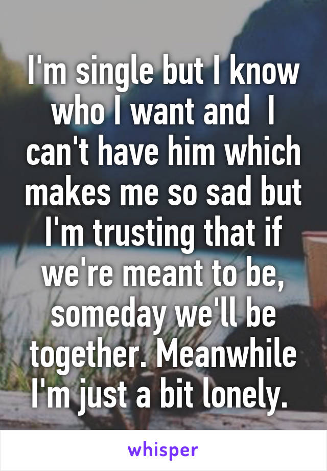 I'm single but I know who I want and  I can't have him which makes me so sad but I'm trusting that if we're meant to be, someday we'll be together. Meanwhile I'm just a bit lonely. 