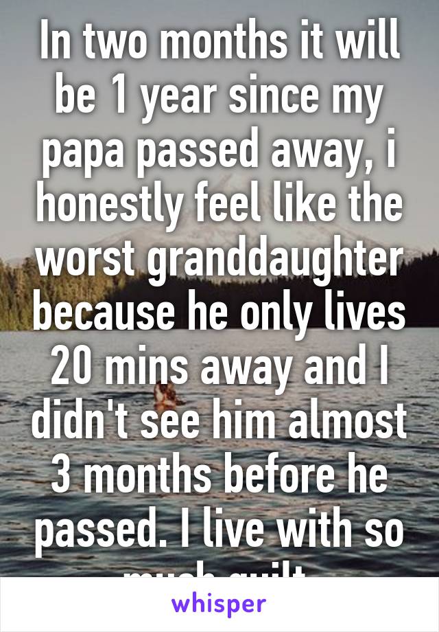 In two months it will be 1 year since my papa passed away, i honestly feel like the worst granddaughter because he only lives 20 mins away and I didn't see him almost 3 months before he passed. I live with so much guilt 