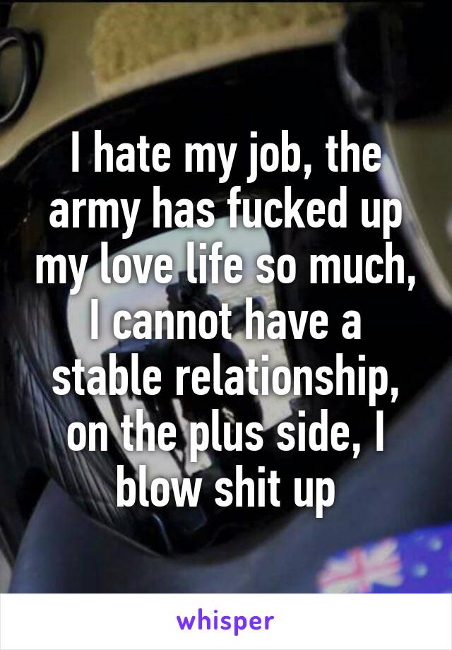 I hate my job, the army has fucked up my love life so much, I cannot have a stable relationship, on the plus side, I blow shit up