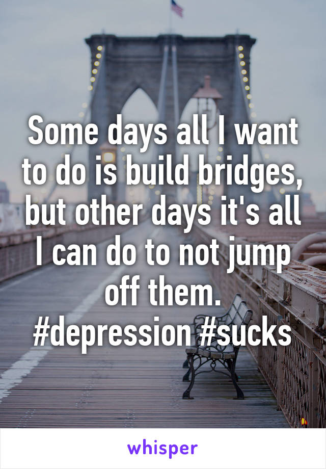 Some days all I want to do is build bridges, but other days it's all I can do to not jump off them.
#depression #sucks