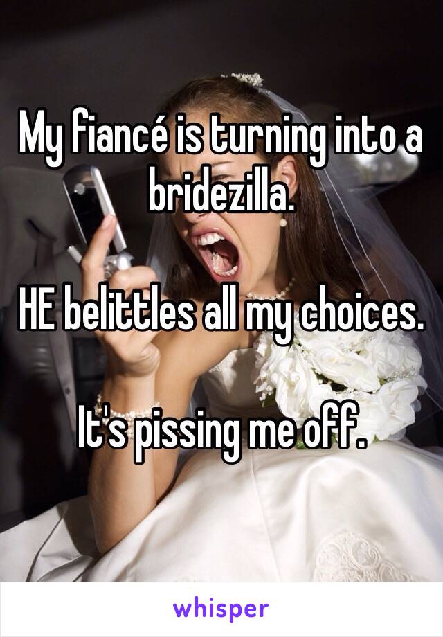 My fiancé is turning into a bridezilla. 

HE belittles all my choices. 

It's pissing me off.  