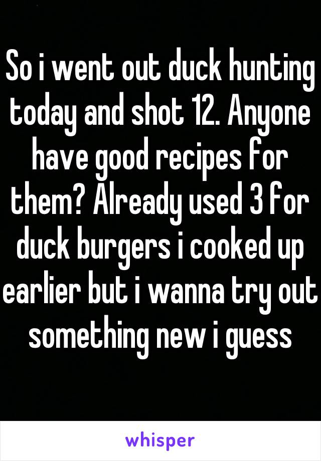 So i went out duck hunting today and shot 12. Anyone have good recipes for them? Already used 3 for duck burgers i cooked up earlier but i wanna try out something new i guess 