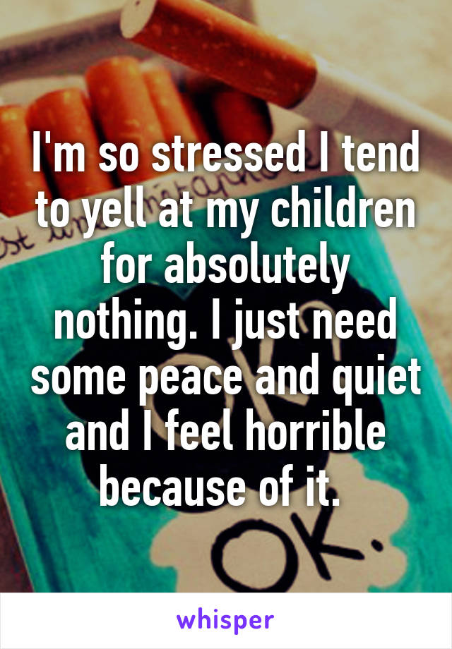 I'm so stressed I tend to yell at my children for absolutely nothing. I just need some peace and quiet and I feel horrible because of it. 