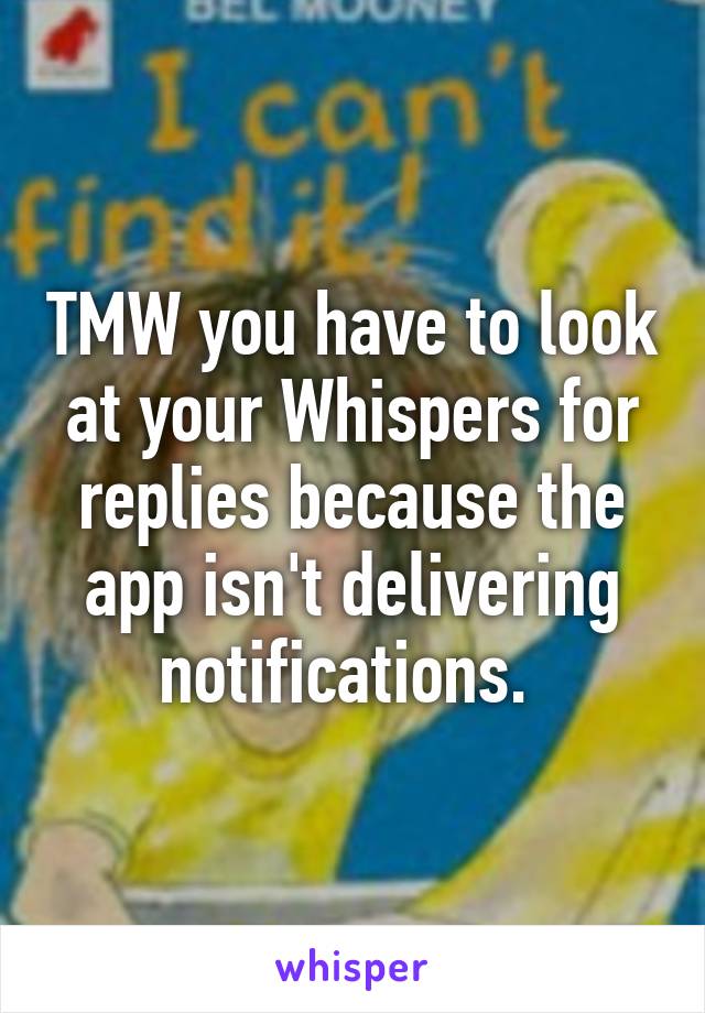 TMW you have to look at your Whispers for replies because the app isn't delivering notifications. 