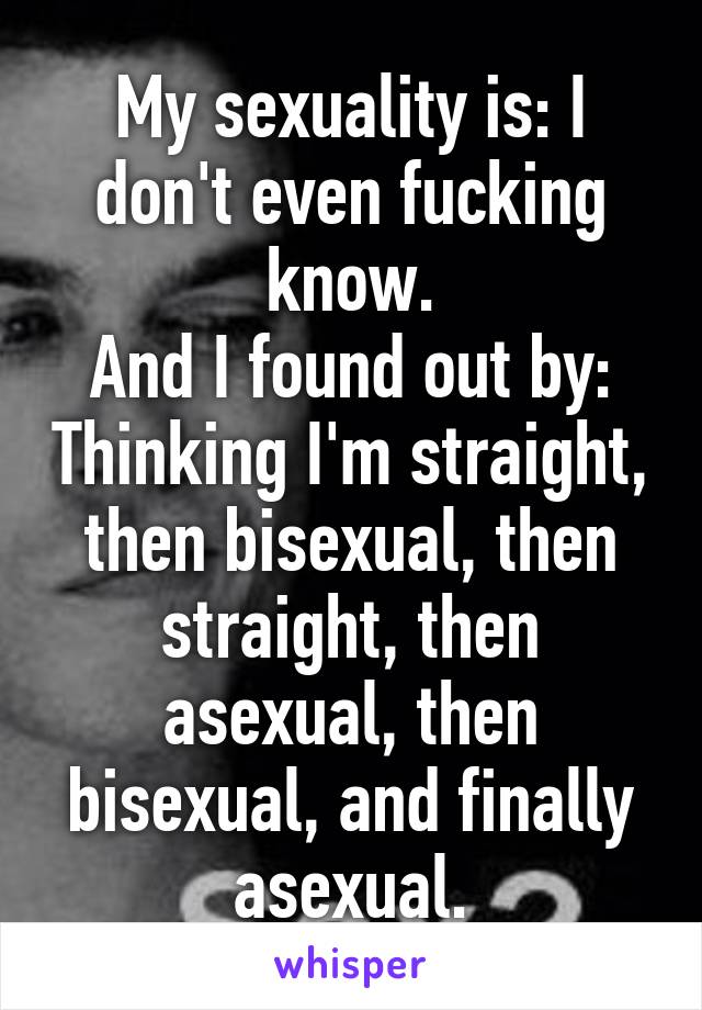 My sexuality is: I don't even fucking know.
And I found out by: Thinking I'm straight, then bisexual, then straight, then asexual, then bisexual, and finally asexual.