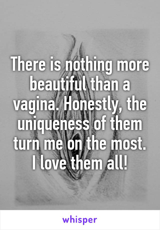 There is nothing more beautiful than a vagina. Honestly, the uniqueness of them turn me on the most. I love them all!