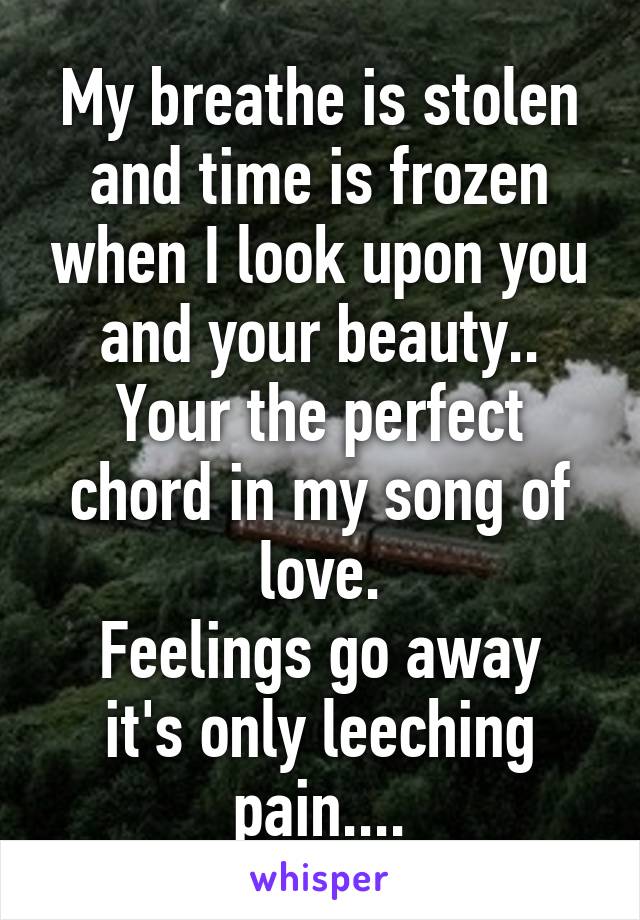 My breathe is stolen and time is frozen when I look upon you and your beauty.. Your the perfect chord in my song of love.
Feelings go away it's only leeching pain....