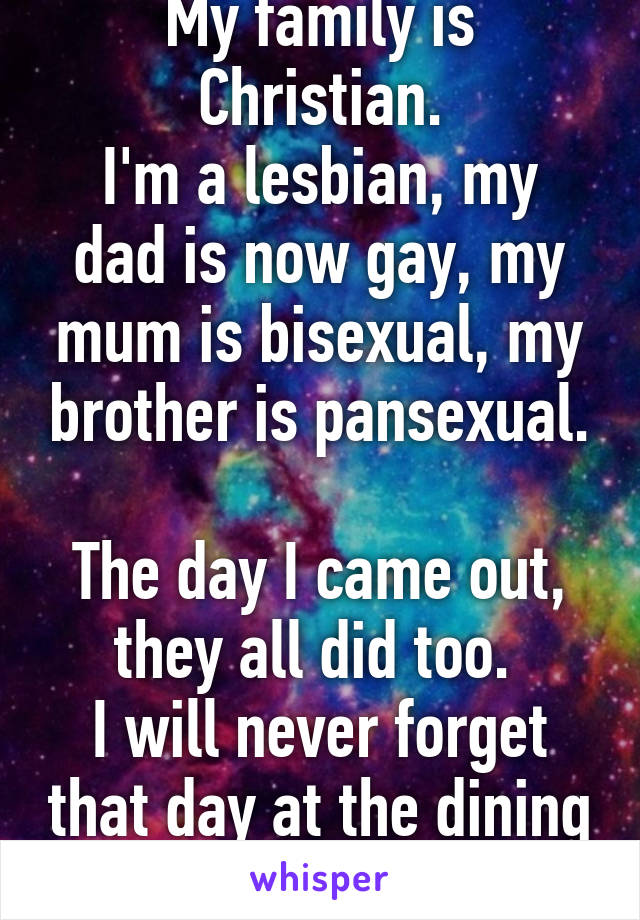 My family is Christian.
I'm a lesbian, my dad is now gay, my mum is bisexual, my brother is pansexual.

The day I came out, they all did too. 
I will never forget that day at the dining table.