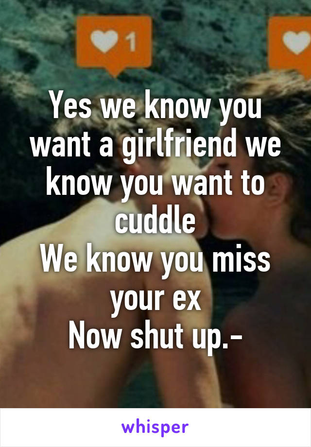 Yes we know you want a girlfriend we know you want to cuddle
We know you miss your ex
Now shut up.-