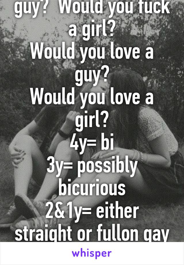 Would you fuck a guy?  Would you fuck a girl?
Would you love a guy?
Would you love a girl?
4y= bi
3y= possibly bicurious
2&1y= either straight or fullon gay depending on the gender you chose