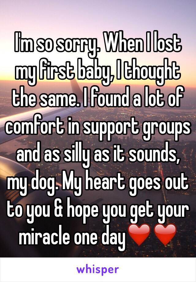 I'm so sorry. When I lost my first baby, I thought the same. I found a lot of comfort in support groups and as silly as it sounds, my dog. My heart goes out to you & hope you get your miracle one day❤️❤️