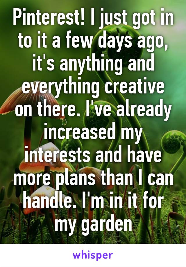 Pinterest! I just got in to it a few days ago, it's anything and everything creative on there. I've already increased my interests and have more plans than I can handle. I'm in it for my garden

