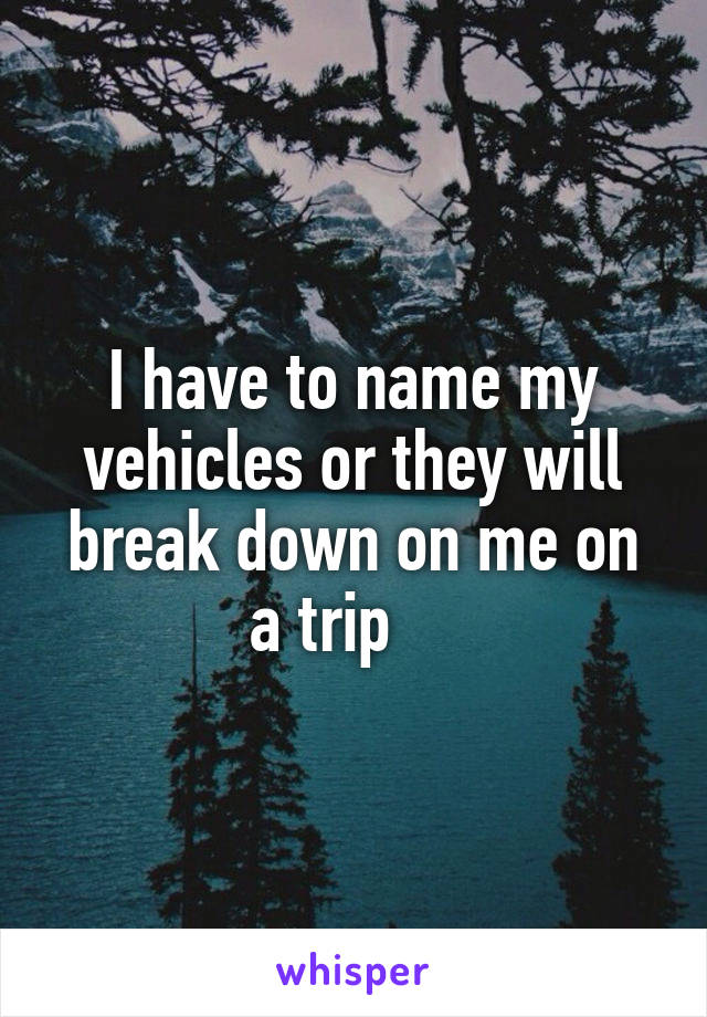 I have to name my vehicles or they will break down on me on a trip    