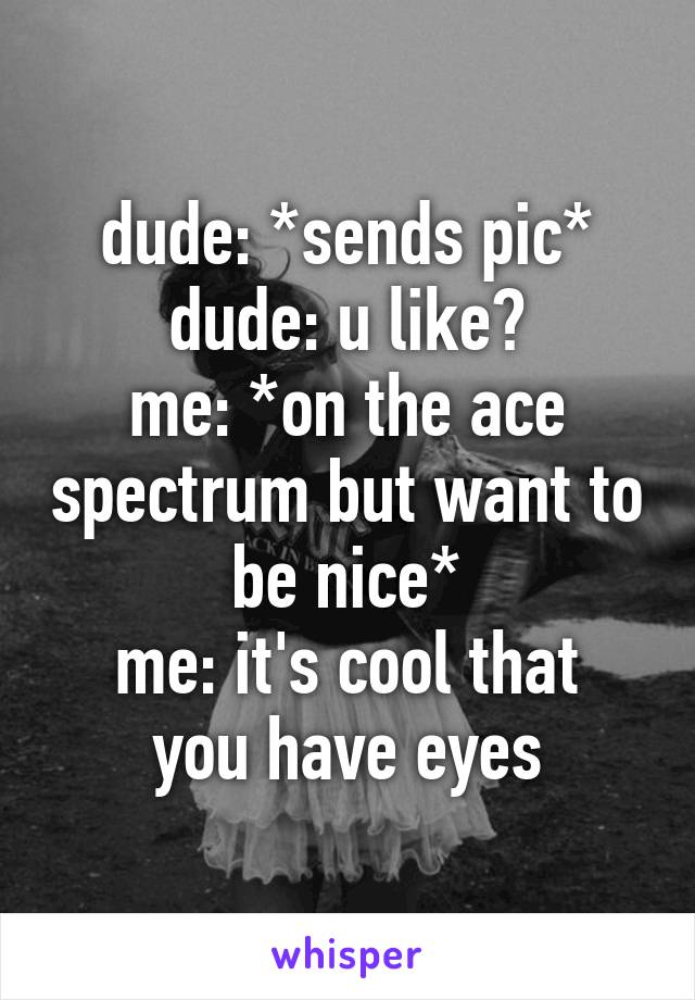 dude: *sends pic*
dude: u like?
me: *on the ace spectrum but want to be nice*
me: it's cool that you have eyes