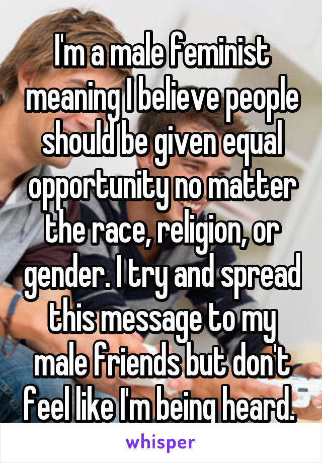 I'm a male feminist meaning I believe people should be given equal opportunity no matter the race, religion, or gender. I try and spread this message to my male friends but don't feel like I'm being heard. 